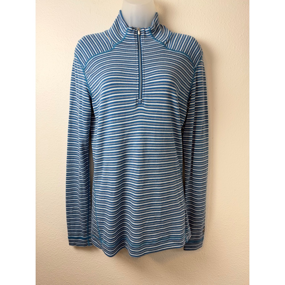 Smartwool Womens XL Blue Striped 100% Merino Wool 1/4 Zip Base Layer Pullover